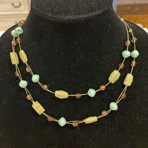 Vintage Blue Green Beaded Double Layer Strand Choker Collar Statement Necklace